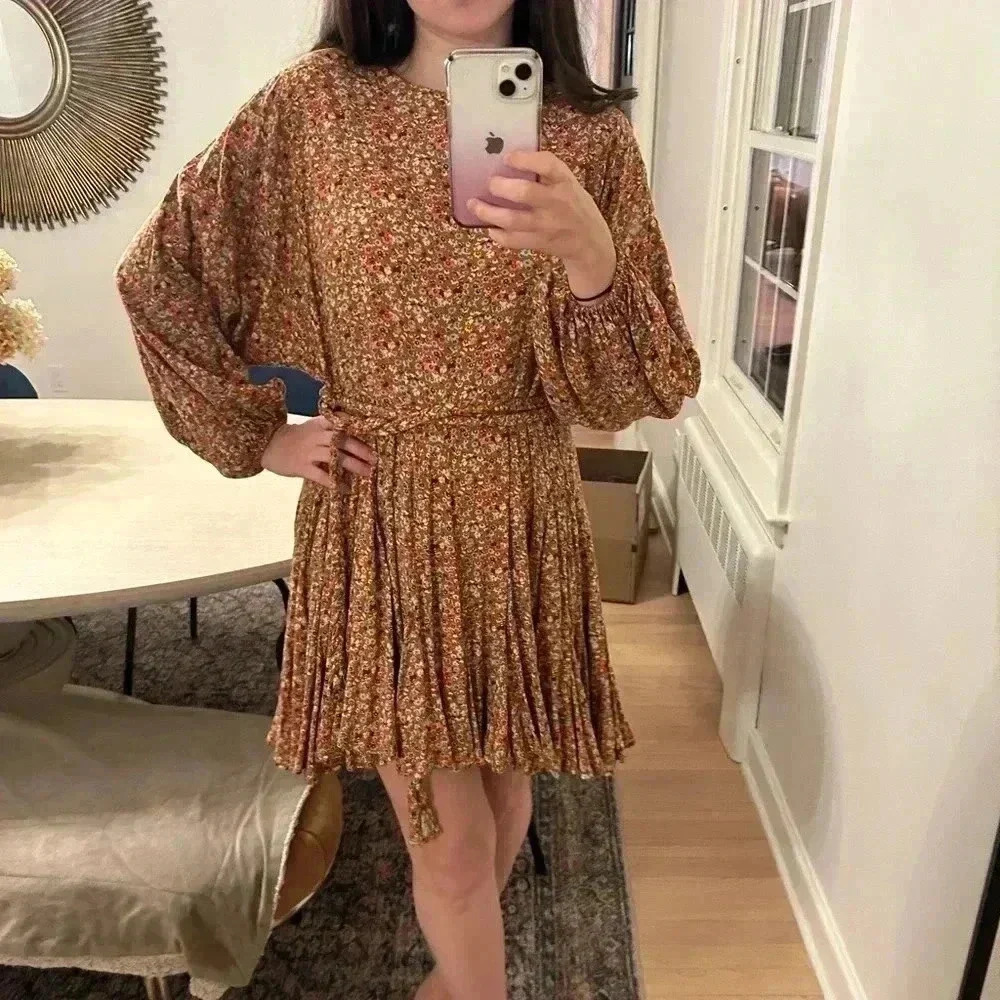 AURA Ballon Sleeve bat wing braided Belt flowy Boho floral fall mini dress S-M - Picture 5 of 15